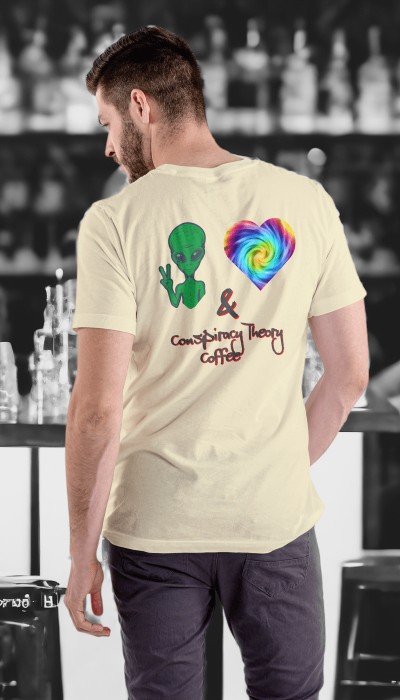 Gray Unisex Tee "Peace, Love, & Conspiracy Theory Coffee"